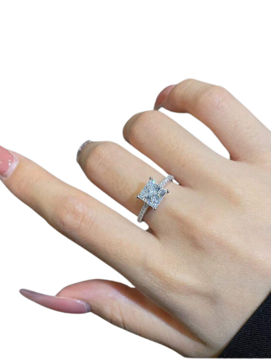 Stylish Elegant Square Moissanite Ring | Lab-Made Diamonds in 18K White Gold-Plated S925