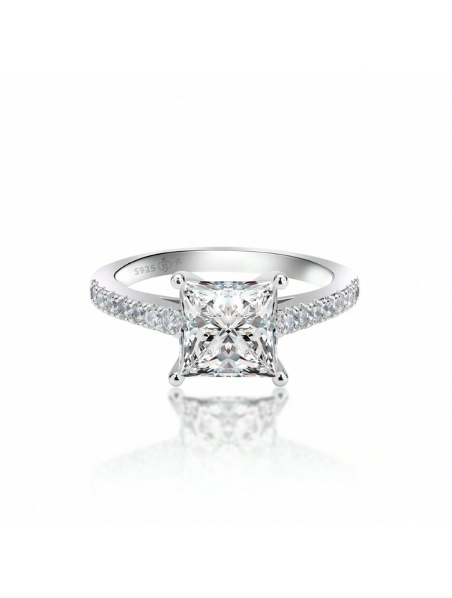 Stylish Elegant Square Moissanite Ring | Lab-Made Diamonds in 18K White Gold-Plated S925