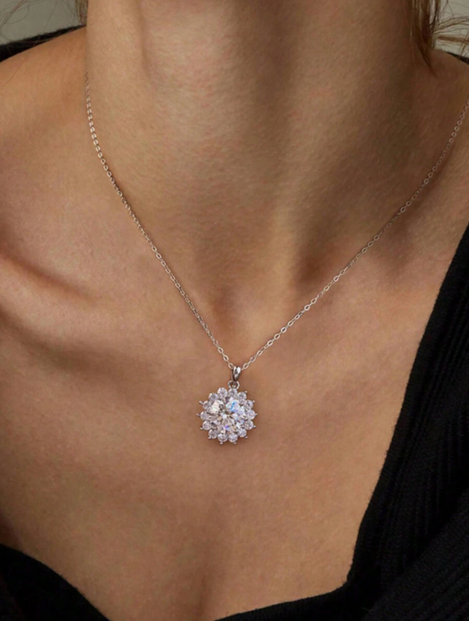 Moissanite Sunflower Necklace | Radiant Silver Design