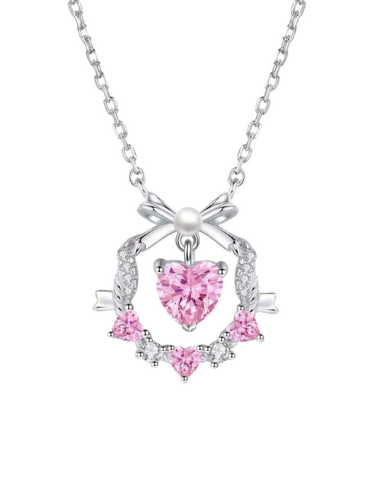 Heart Bow Floral Necklace | Sterling Silver Elegance