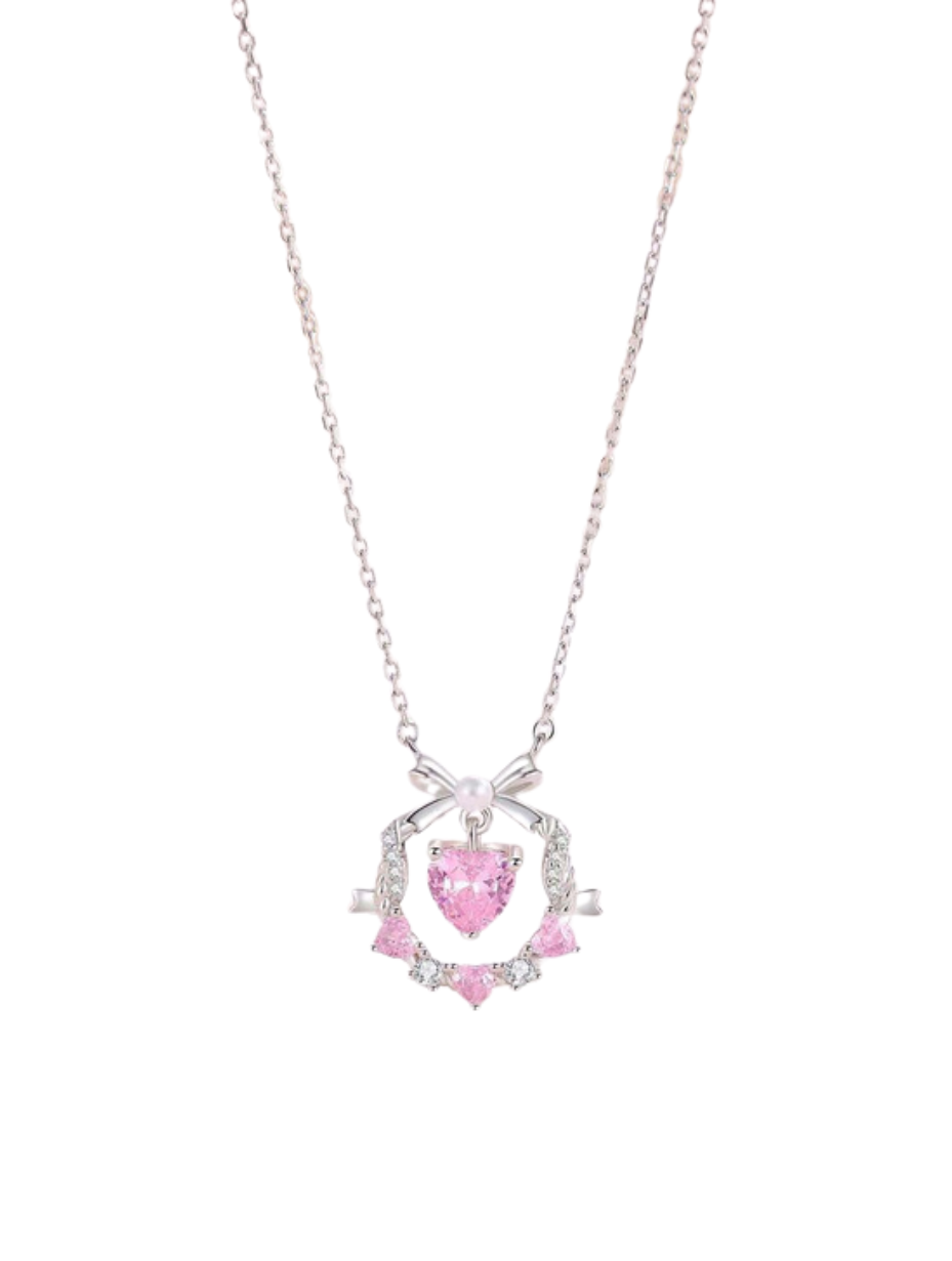 Heart Bow Floral Necklace | Sterling Silver Elegance