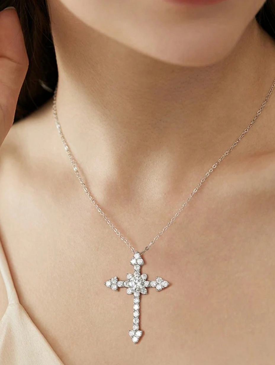 S925 Silver Goddess Cross Necklace | Zirconium Inlay Pendant