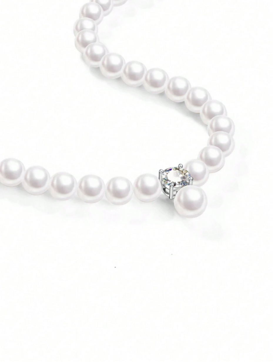 Silver Moissanite Pearl Necklace | Elegant Simple Design