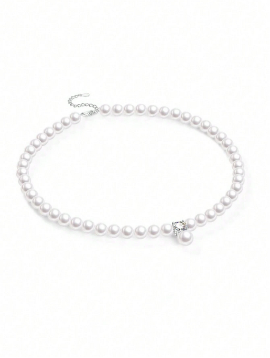 Silver Moissanite Pearl Necklace | Elegant Simple Design