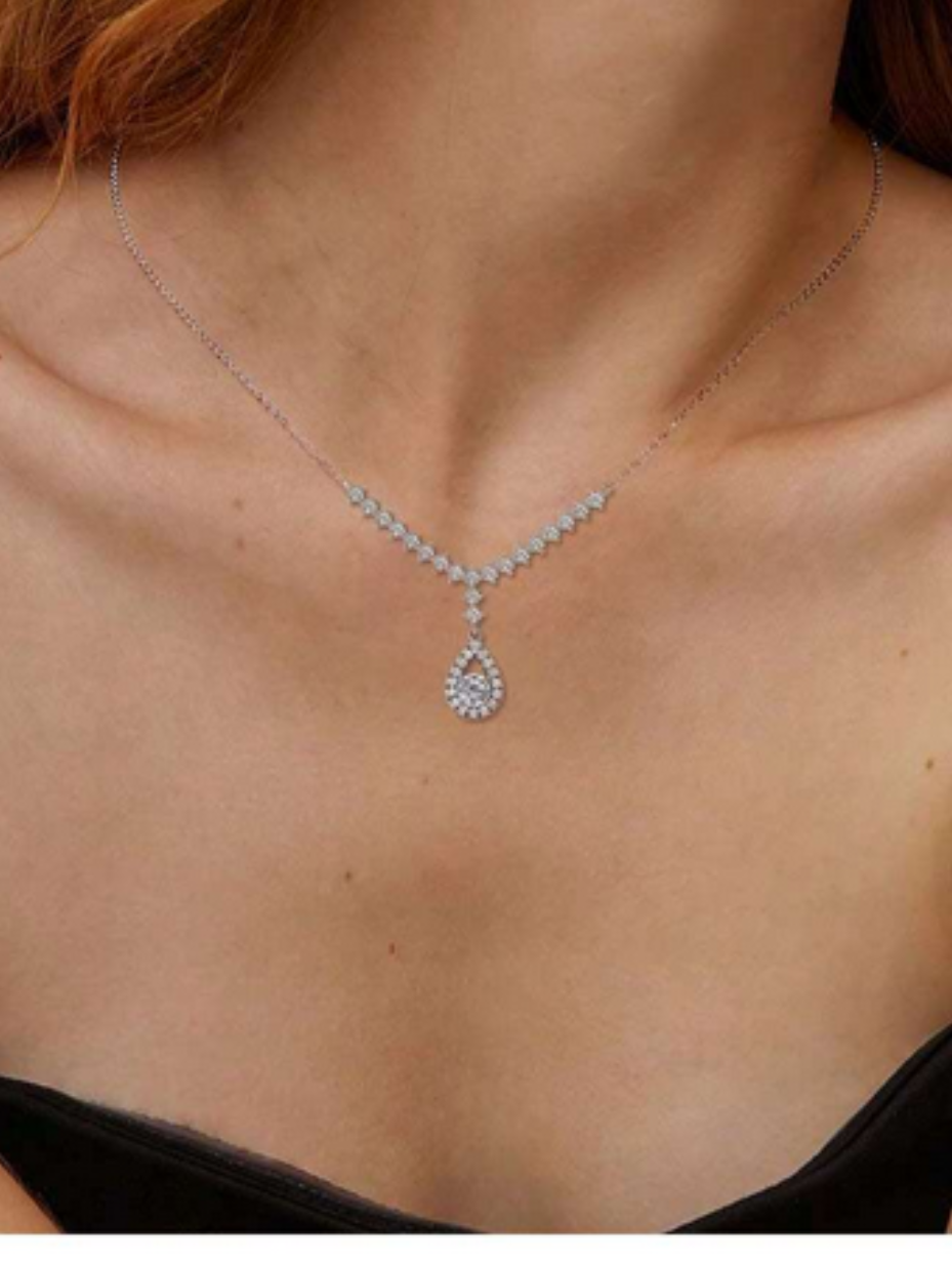 925 Sterling Silver Round Moissanite Necklace | Elegant Bridal Jewelry