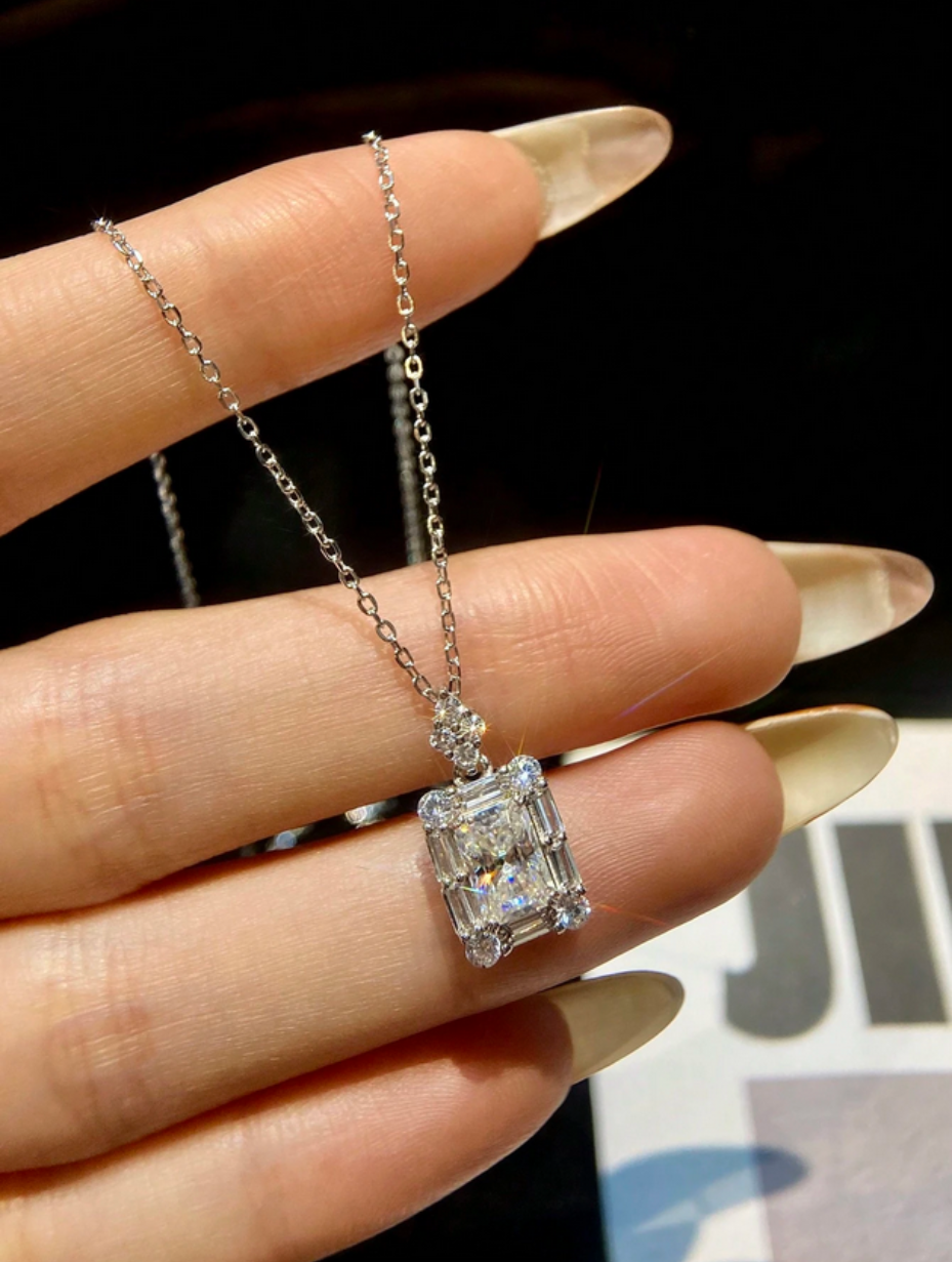 Sugar Cube Emerald Cut Moissanite Necklace | 925 Sterling Silver