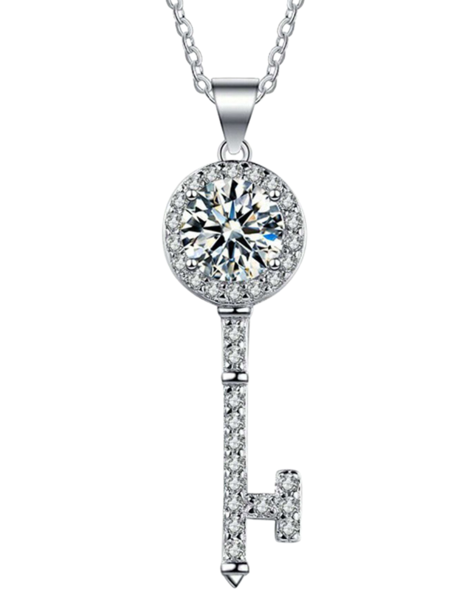 Exquisite S925 Sterling Silver Moissanite Key Pendant Necklace