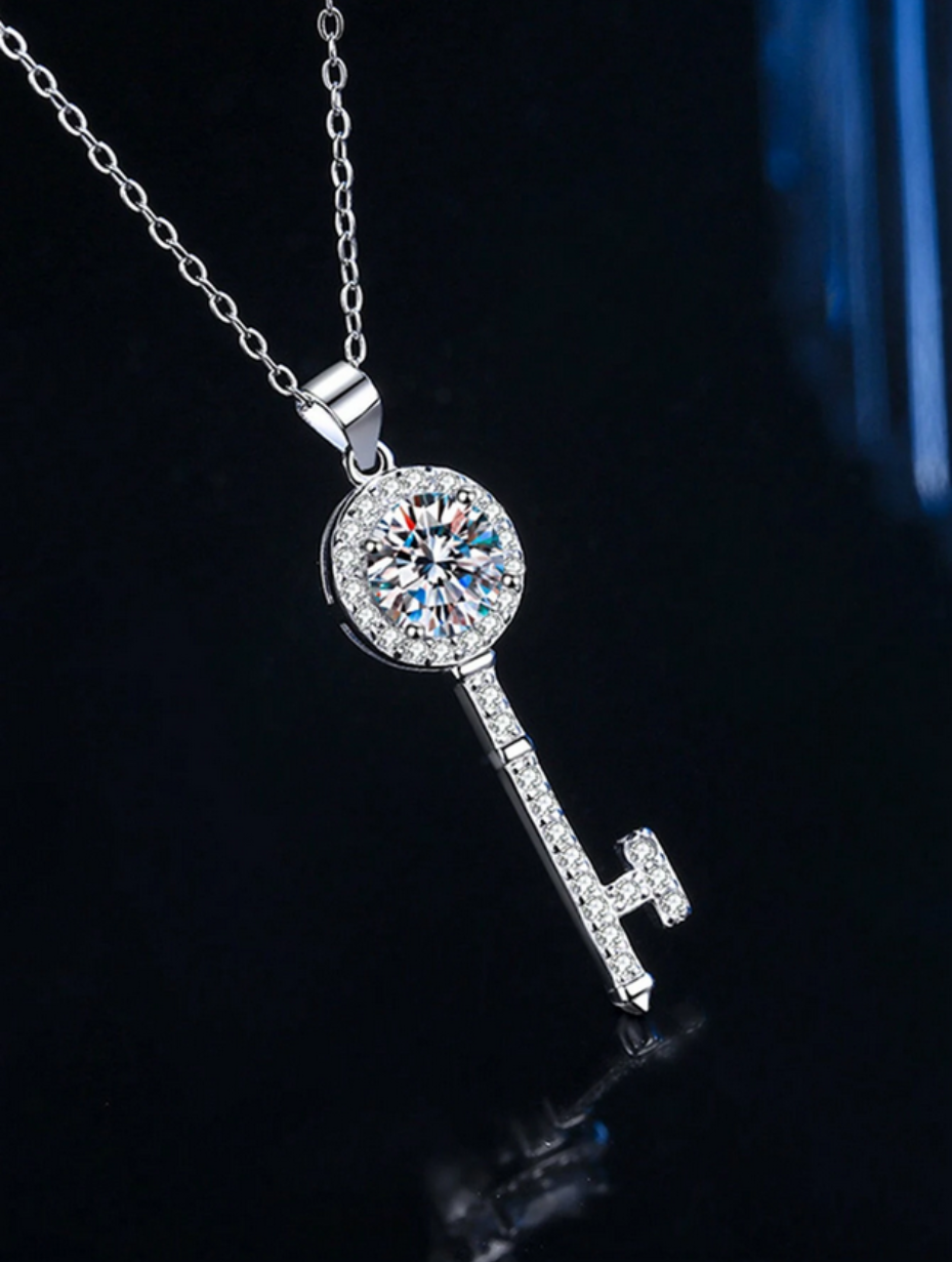 Exquisite S925 Sterling Silver Moissanite Key Pendant Necklace