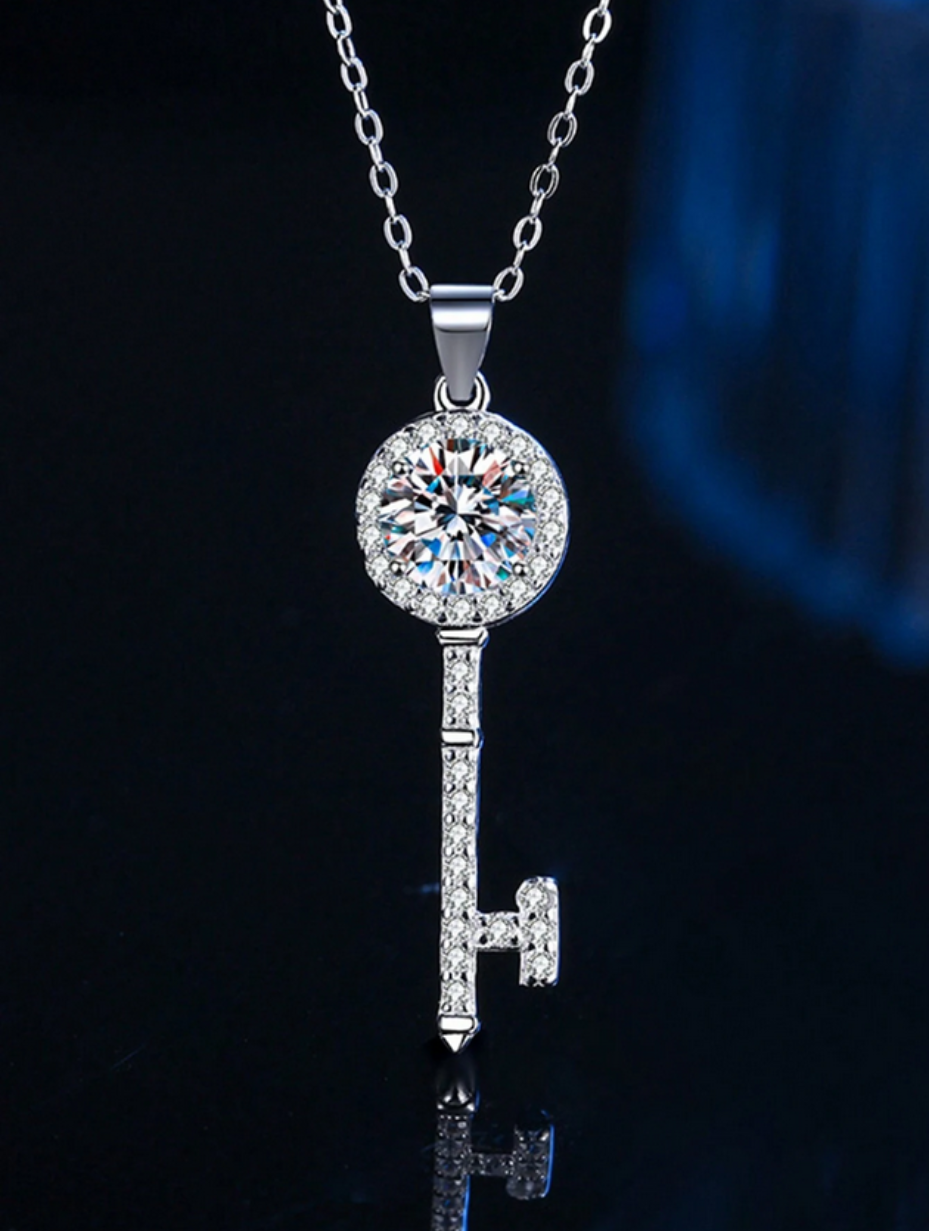 Exquisite S925 Sterling Silver Moissanite Key Pendant Necklace