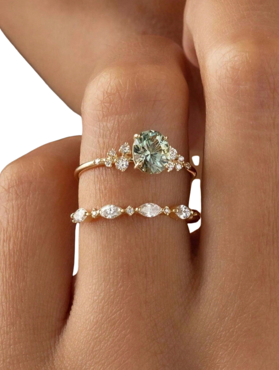 Vintage Green Moissanite Ring Set | S925 Sterling Silver