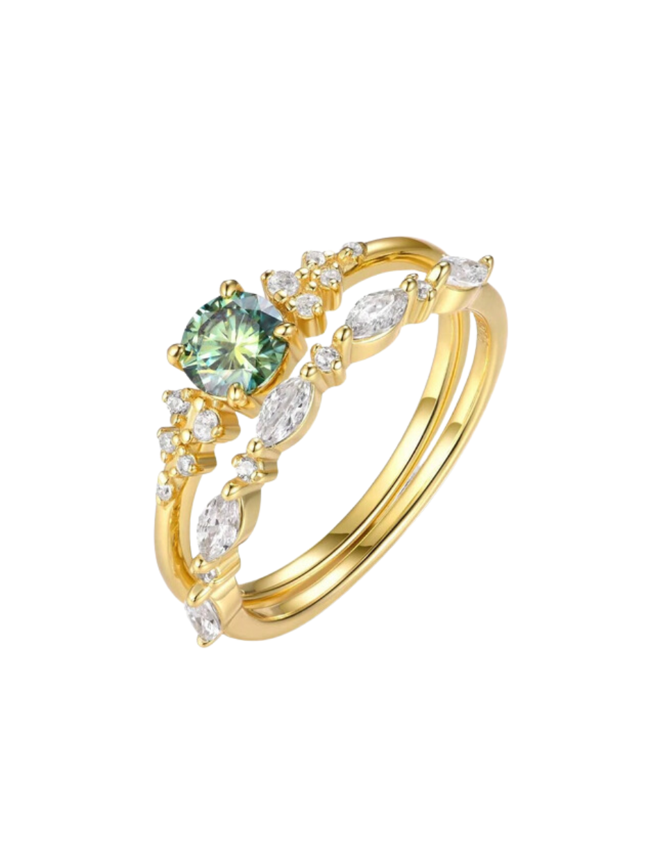 Vintage Green Moissanite Ring Set | S925 Sterling Silver