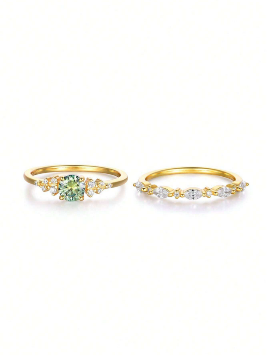 Vintage Green Moissanite Ring Set | S925 Sterling Silver