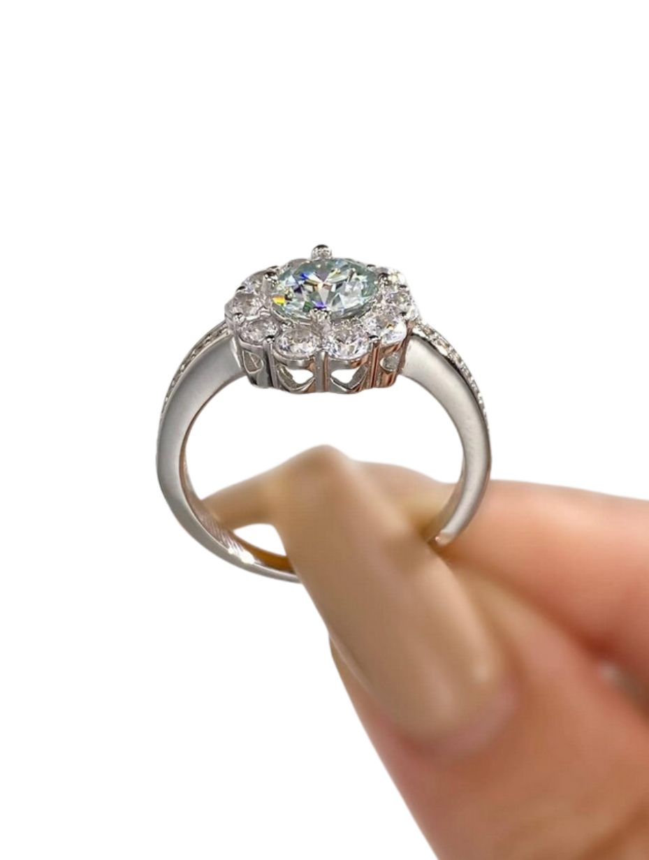 Elegant Sparkling Moissanite Sunflower Halo Ring | 925 Sterling Silver Gift for Women