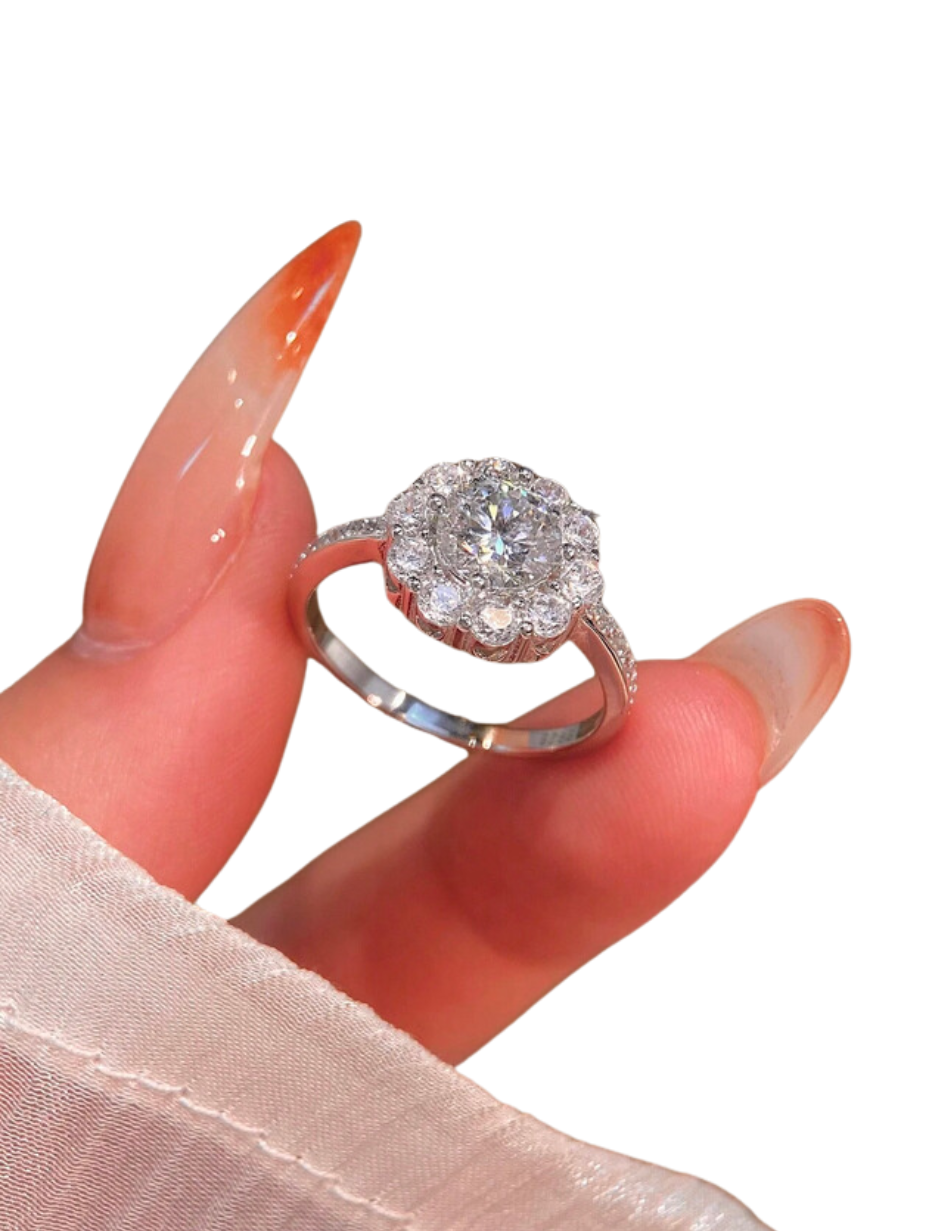 Elegant Sparkling Moissanite Sunflower Halo Ring | 925 Sterling Silver Gift for Women