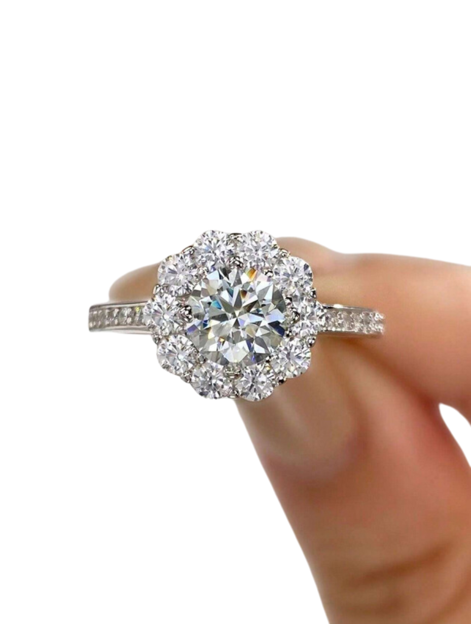 Elegant Sparkling Moissanite Sunflower Halo Ring | 925 Sterling Silver Gift for Women