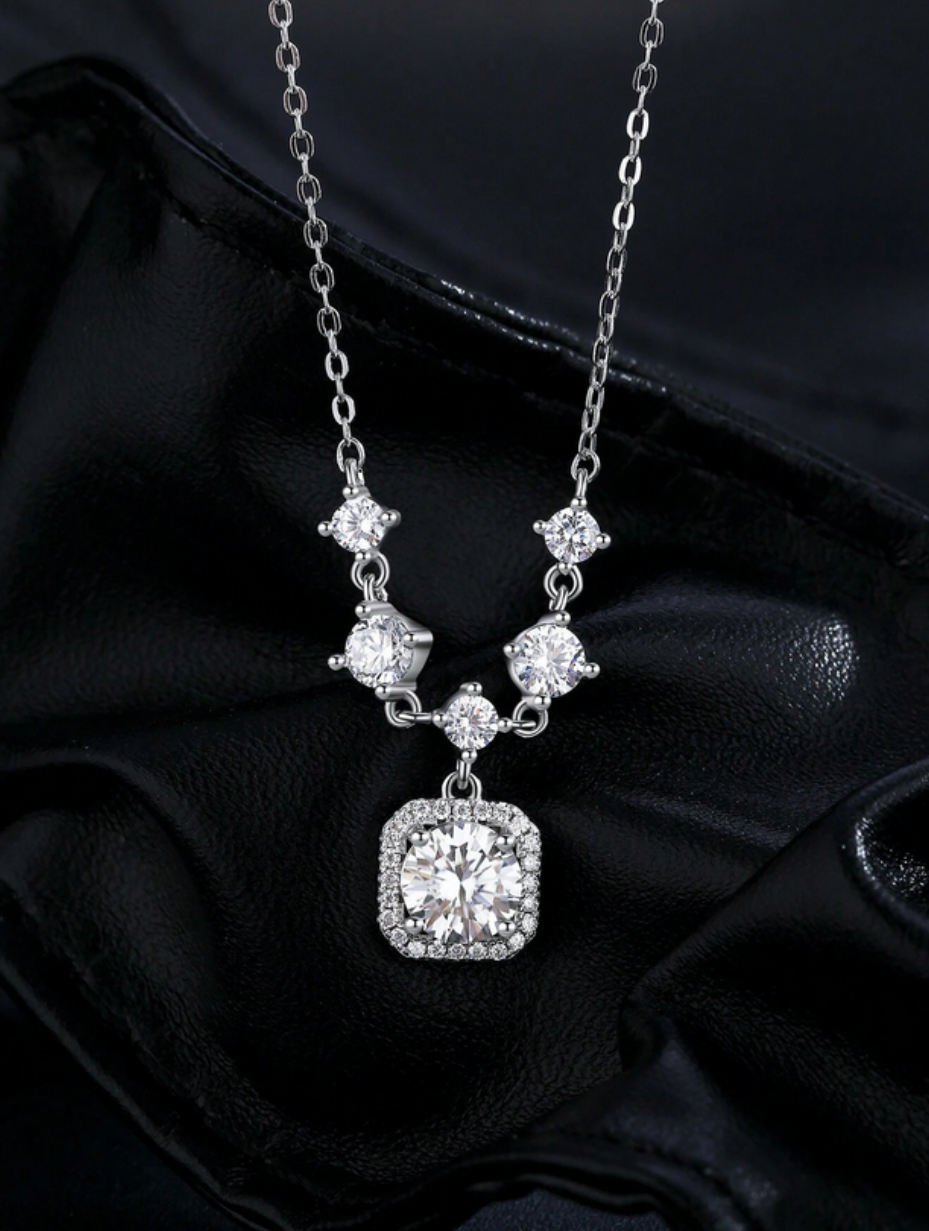 Luxury Moissanite Halo Necklace | Elegant Charm