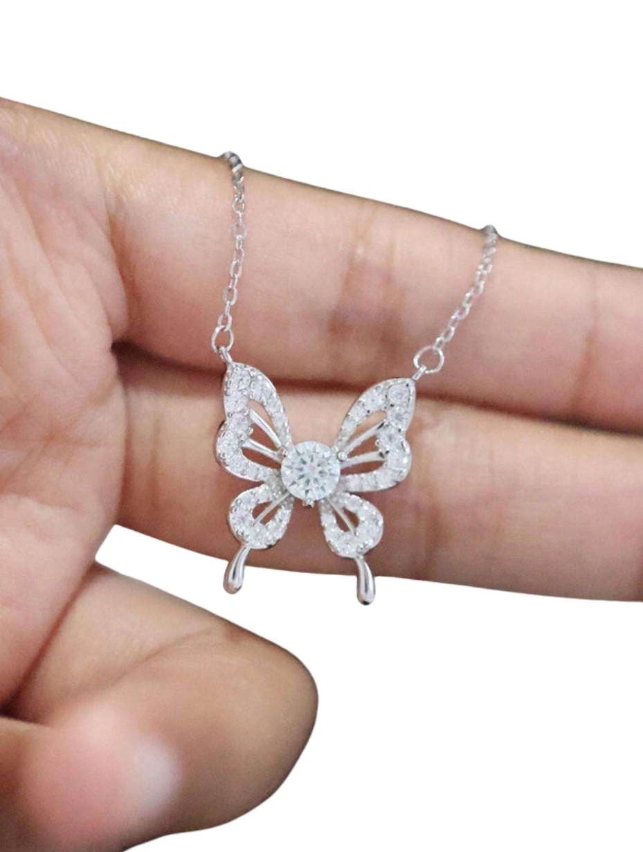 Moissanite Butterfly Necklace | Trendy Silver Pendant